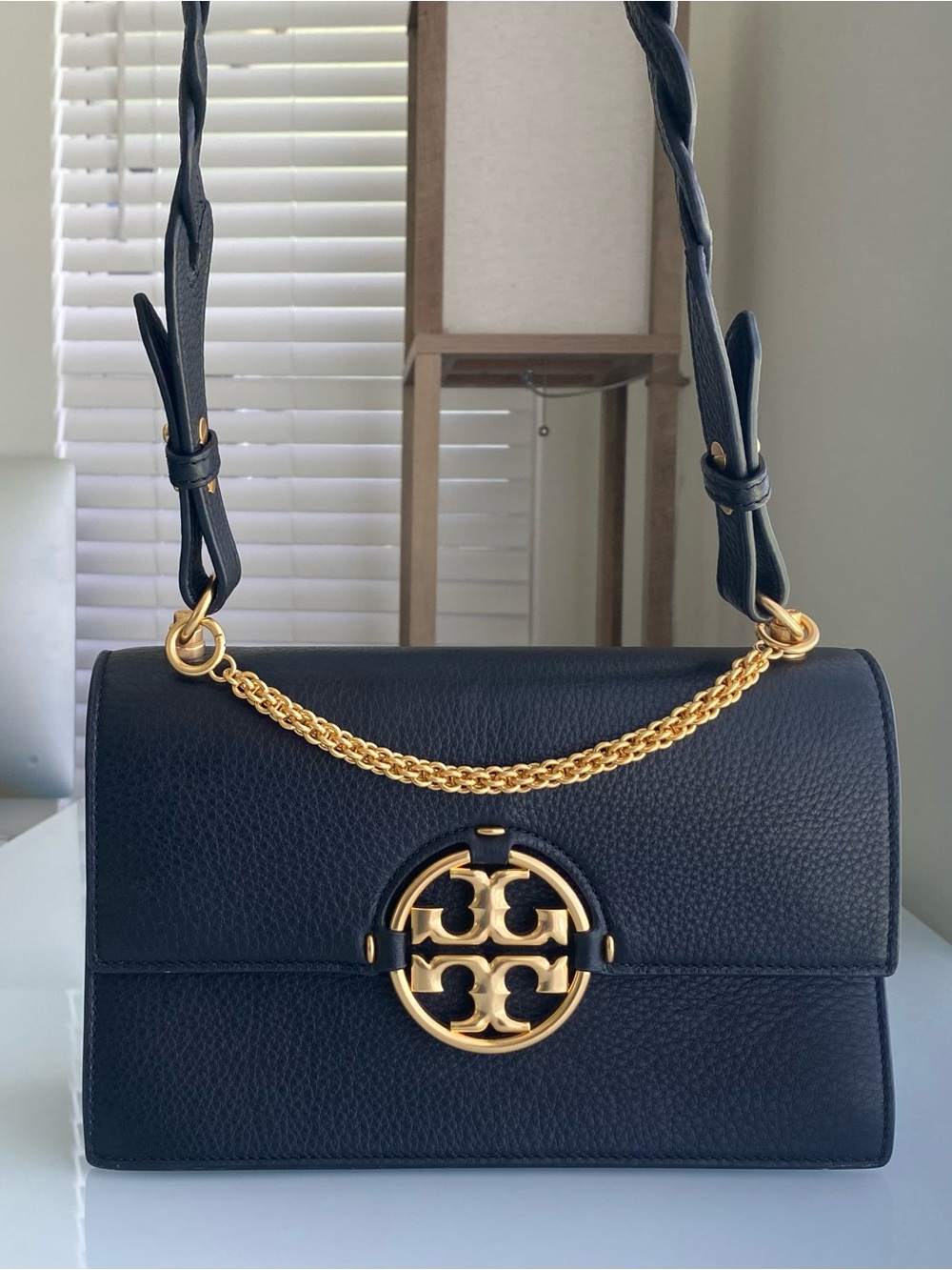 Tory Burch Black Leather Shoulder Bag with Gold Logo Chain